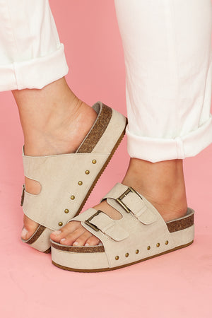 Beige Suede Buckle Decor Footbed Sandal Slippers