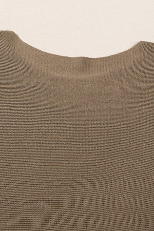 Coffee Round Neck Half Sleeve Ribbed Knit Top