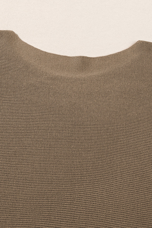 Coffee Round Neck Half Sleeve Ribbed Knit Top