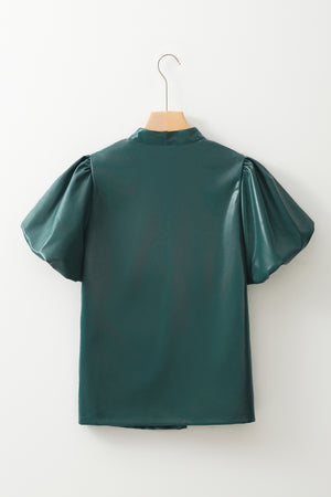Sea Green  Notched V Neck Short Puff Sleeve PU Leather Blouse
