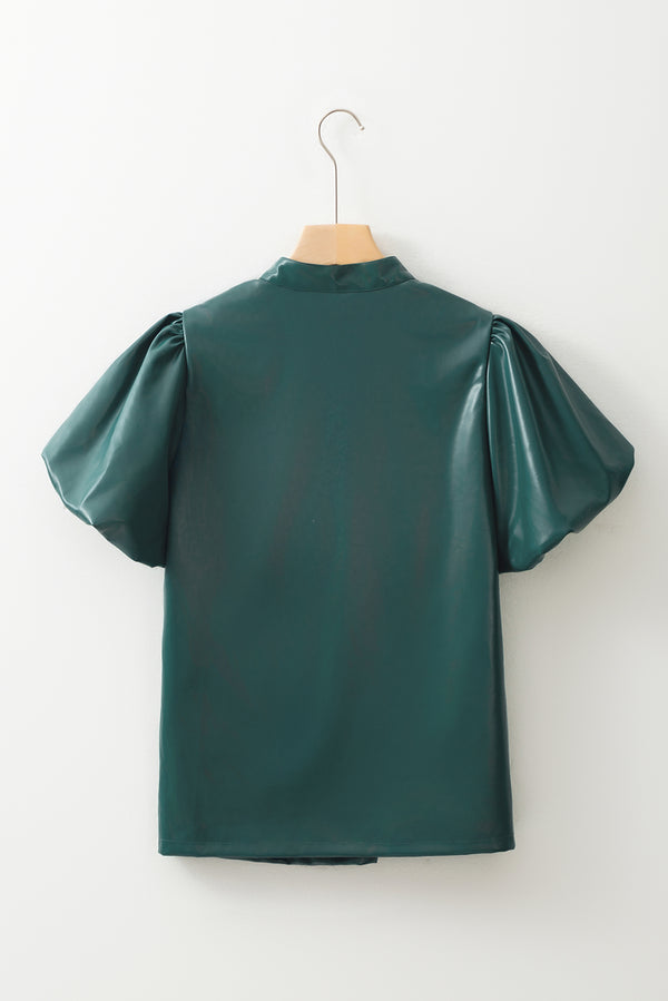 Sea Green  Notched V Neck Short Puff Sleeve PU Leather Blouse