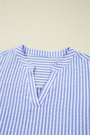 Sky Blue Stripe Bracelet Sleeve Tiered Shift Dress with Pockets