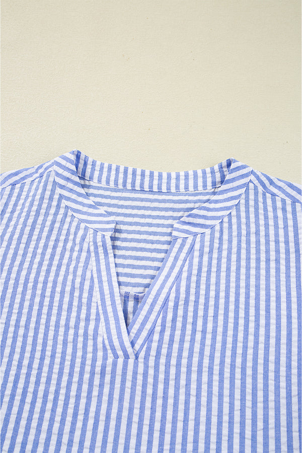 Sky Blue Stripe Bracelet Sleeve Tiered Shift Dress with Pockets
