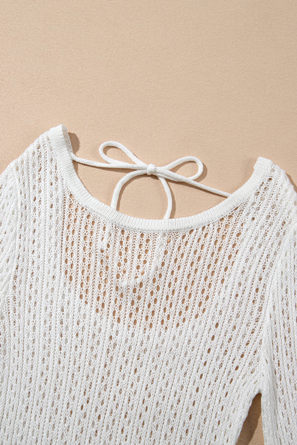 White Hollowout Knit Bell Sleeve Drawstring Short Beach dress