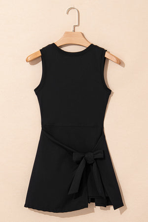 Black Sleeveless Knot Skirt Hem Sports Romper