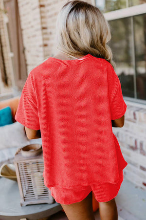 Ribbed Textured Knit Loose Fit Tee and Shorts Set