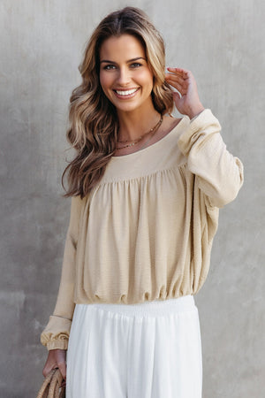 Jet Stream Textured Pleated Drop Shoulder Long Sleeve Knit Top
