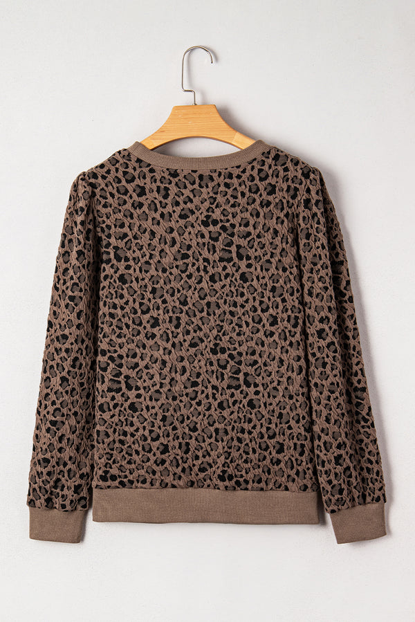 Brown Ribbed Trim Leopard Print Long Sleeve Top