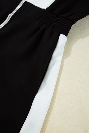 Black Contrast Collar Patchwork Zip Front Romper