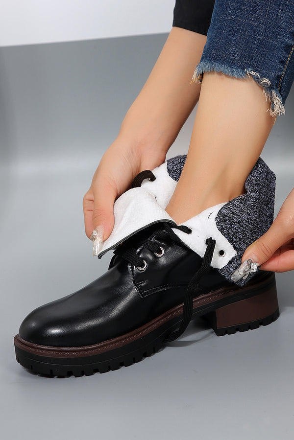 Black Knitted Patched Lace-up Heeled Ankle Boots