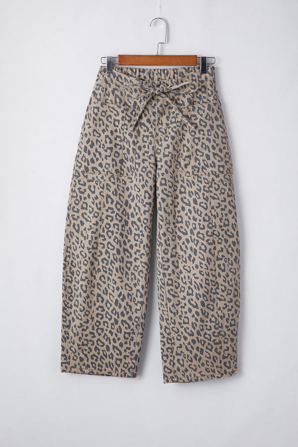 Khaki Leopard Printed Drawstring Elastic Waistband Pocketed Wide Leg Jeans
