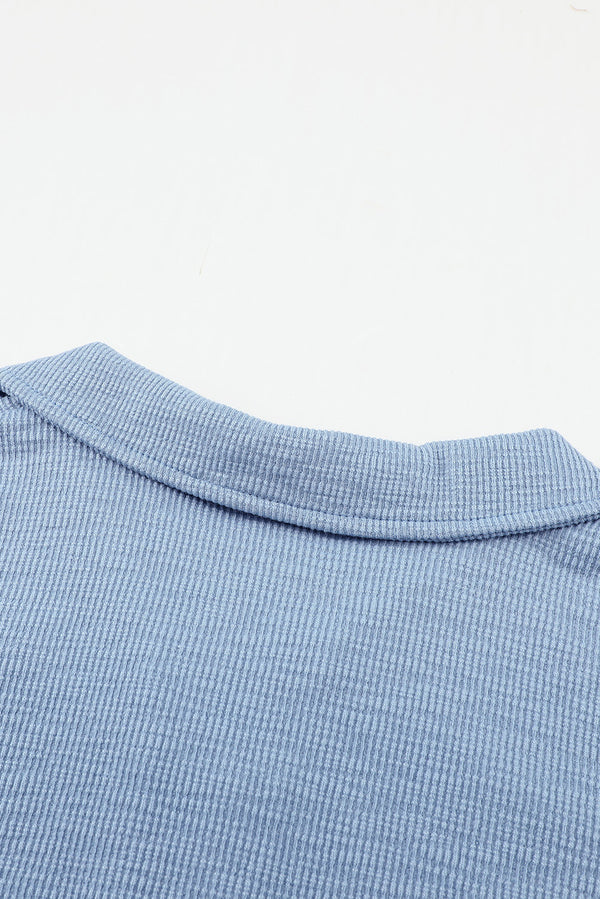 Sky Blue Button Front Turn-down Neck Knit Top