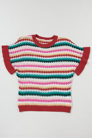 Fiery Red Trimmed Ruffle Sleeve Colorful Textured Sweater