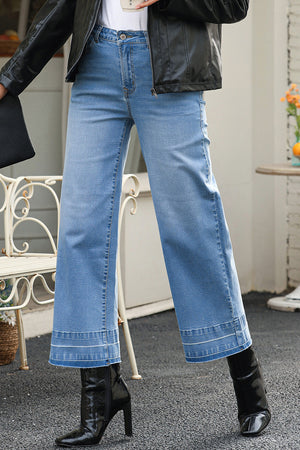 Dusk Blue Raw Hem Straight Leg Loose High Waist Jeans