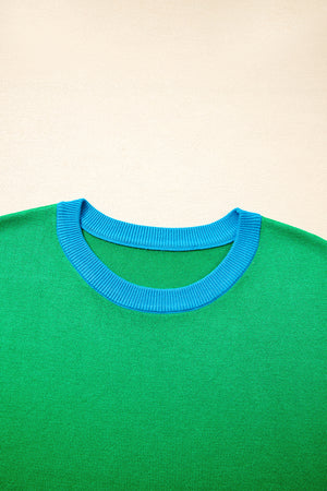 Green Contrast Trim Round Neck Short Sleeve Loose Knit Sweater