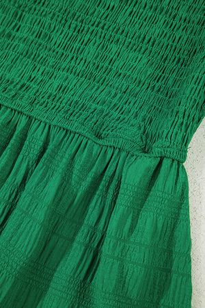 Dark Green Solid Textured Smocked Puff Short Sleeve High Waist Long Dress