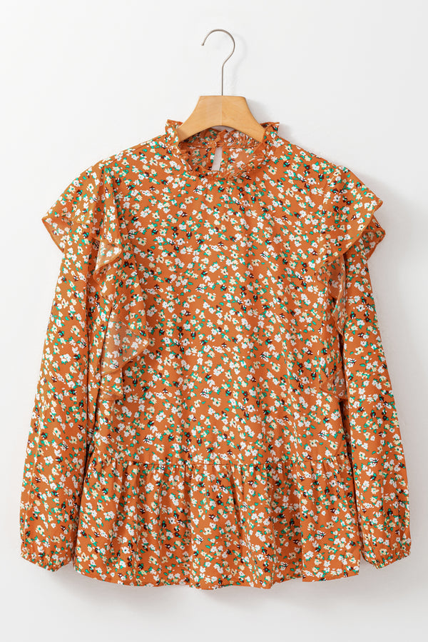 Orange Ruffle Collar Long Sleeve Peplum Top
