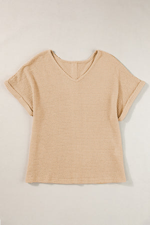 Oatmeal Textured Knit Button Back Cuffed Sleeve Tee