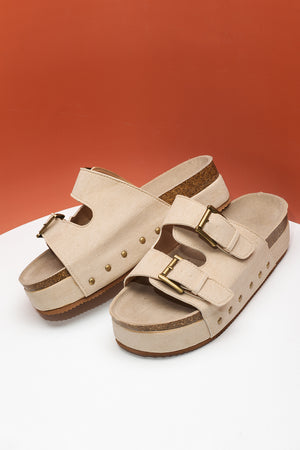 Beige Suede Buckle Decor Footbed Sandal Slippers