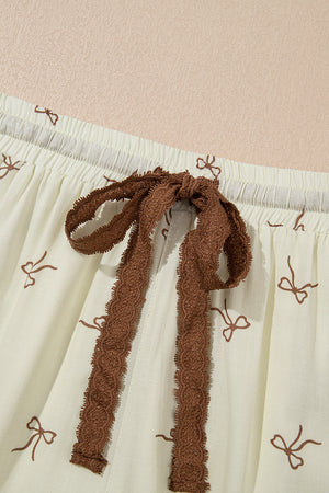 White Bow Print Lace Drawstring Elastic Waistband Casual Shorts