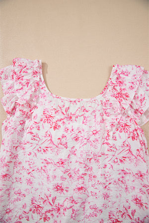 Pink Floral Ruffled Short Sleeve Bow Back Square Neck Blouse