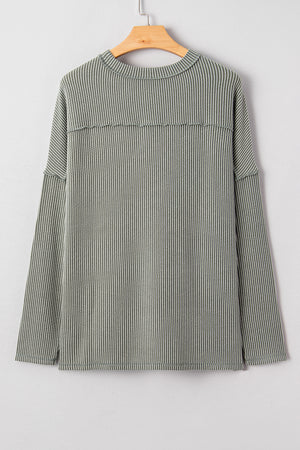 Green Bay Twist Ribbed Exposed Seam Detail Long Sleeve Loose Top