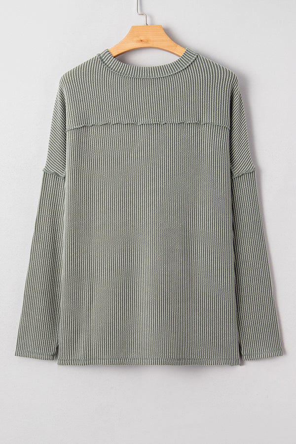 Green Bay Twist Ribbed Exposed Seam Detail Long Sleeve Loose Top