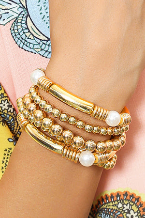 Gold 5pcs Pearl Plated Beaded Bracelet Set