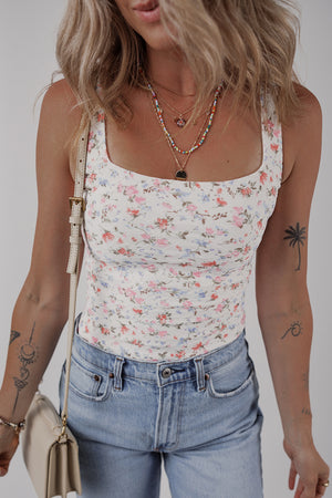 White Floral Textured Square Neck Sleeveless Bodysuit
