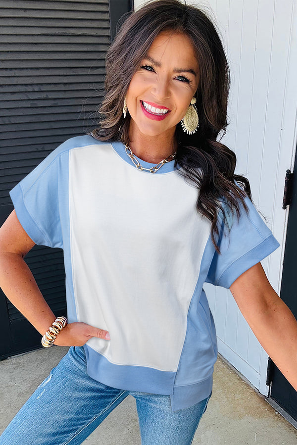 Sky Blue Color Block Exposed Seam Crew Neck T Shirt