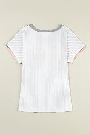 White Ribbed Color Block Patchwork T-shirt