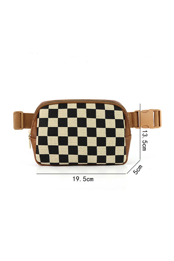 Coffee Faux Leather Checkered Patchwork Crossbody Waist Bag