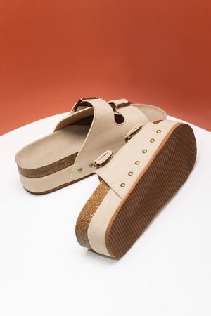 Beige Suede Buckle Decor Footbed Sandal Slippers