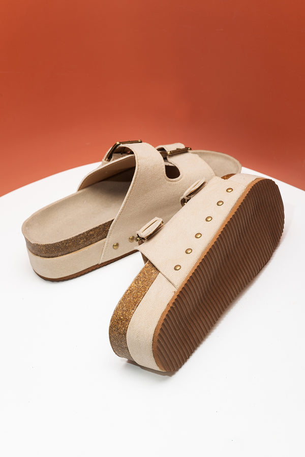 Beige Suede Buckle Decor Footbed Sandal Slippers