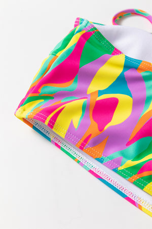 Multicolour Abstract Print Textured Spaghetti Strap High Waist Bikini Set