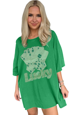 Bright Green Rhinestone Lucky Poker Cards Oversized T Shirt Mini Dress