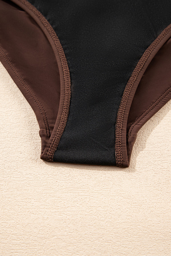 Coffee Contrast Banding Tube Bikini High Waist 2pcs Swimsuit