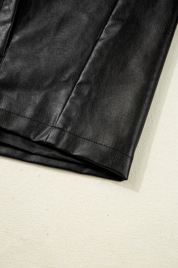 Black Faux Leather Buttoned Front Boxy Jacket