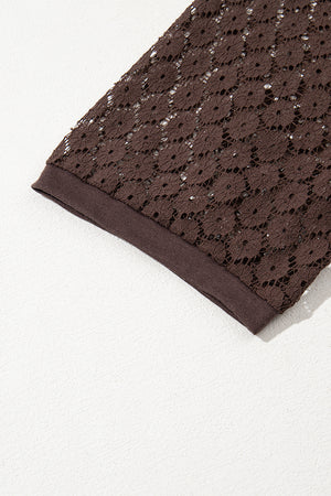 Dark Brown Contrast Lace Raglan Sleeve Pleated Detail Shift Dress