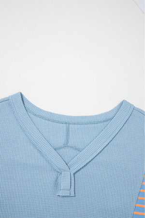 Dusk Blue Exposed Seam Waffle Striped Patchwork Baggy Pullover