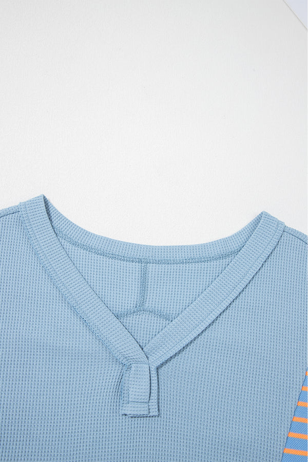 Dusk Blue Exposed Seam Waffle Striped Patchwork Baggy Pullover