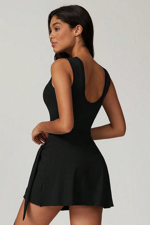 Black Sleeveless Knot Skirt Hem Sports Romper