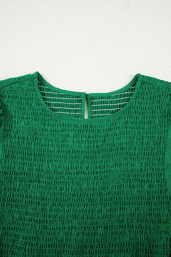 Dark Green Solid Textured Smocked Puff Short Sleeve High Waist Long Dress