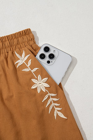 Khaki Embroidered Boho Tasseled Drawstring Elastic Waistband Casual shorts