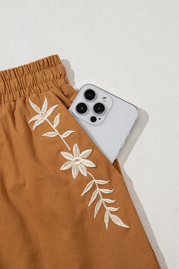 Khaki Embroidered Boho Tasseled Drawstring Elastic Waistband Casual shorts