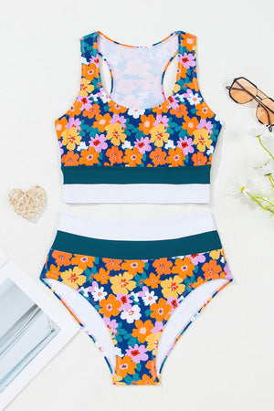 Green Floral Print Racerback Cutout High Waist 2pcs Bikini