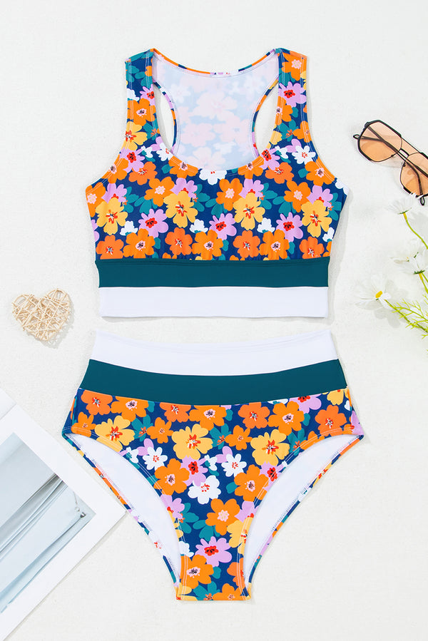 Green Floral Print Racerback Cutout High Waist 2pcs Bikini