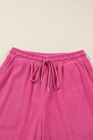 Peach Blossom Half Button Pullover Drawstring Pants Solid Color Corduroy 2pcs Outfit