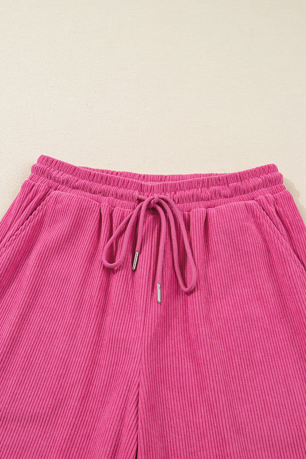 Peach Blossom Half Button Pullover Drawstring Pants Solid Color Corduroy 2pcs Outfit