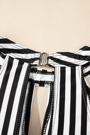 Black Striped Halter Top Drawstring Ruched High Waisted Bikini